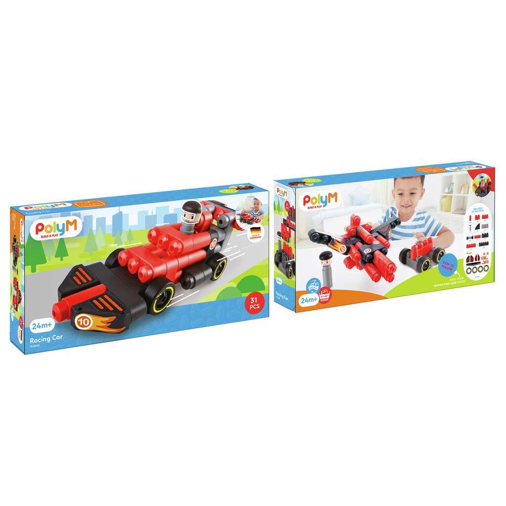 Poly M 賽車積木套裝 (31pcs) | 材質柔韌無尖角，讓孩子安心抓握與拼砌 | 適合 2 歲+