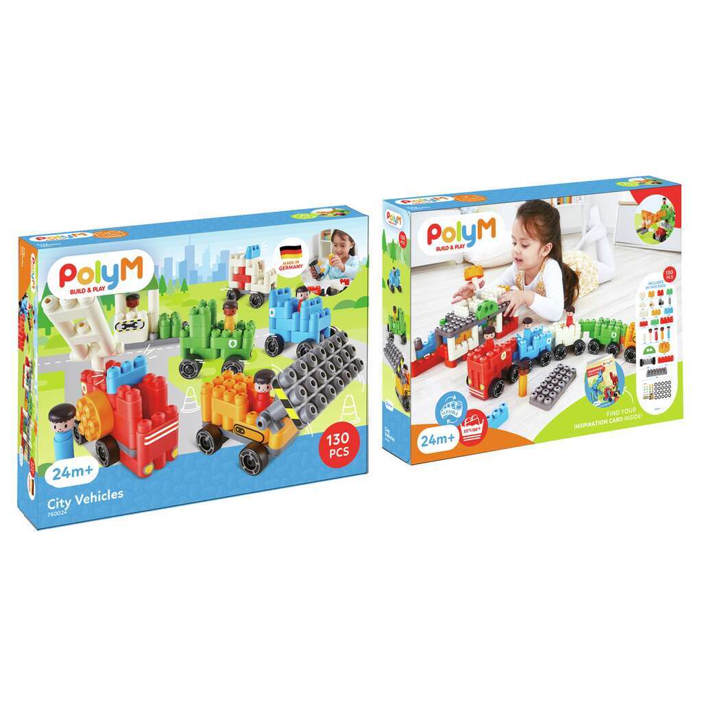 Poly M City Vehicles 都市交通工具積木套裝 (130pcs) | 材質柔韌無尖角，讓孩子安心抓握與拼砌 | 適合 2 歲+
