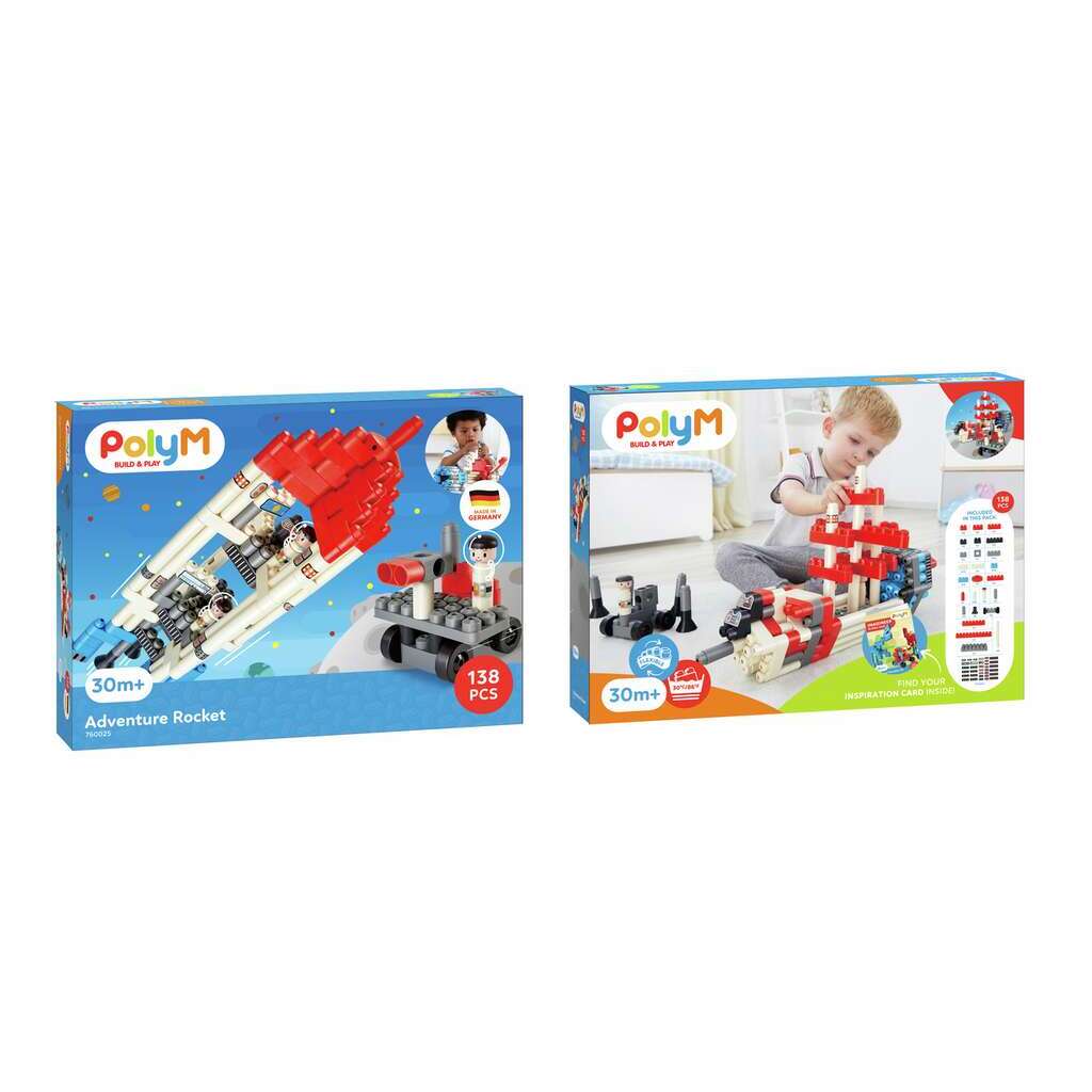 Poly M 探險者火箭積木套裝 (138pcs) | 材質柔韌無尖角，讓孩子安心抓握與拼砌 | 適合 2.5 歲+