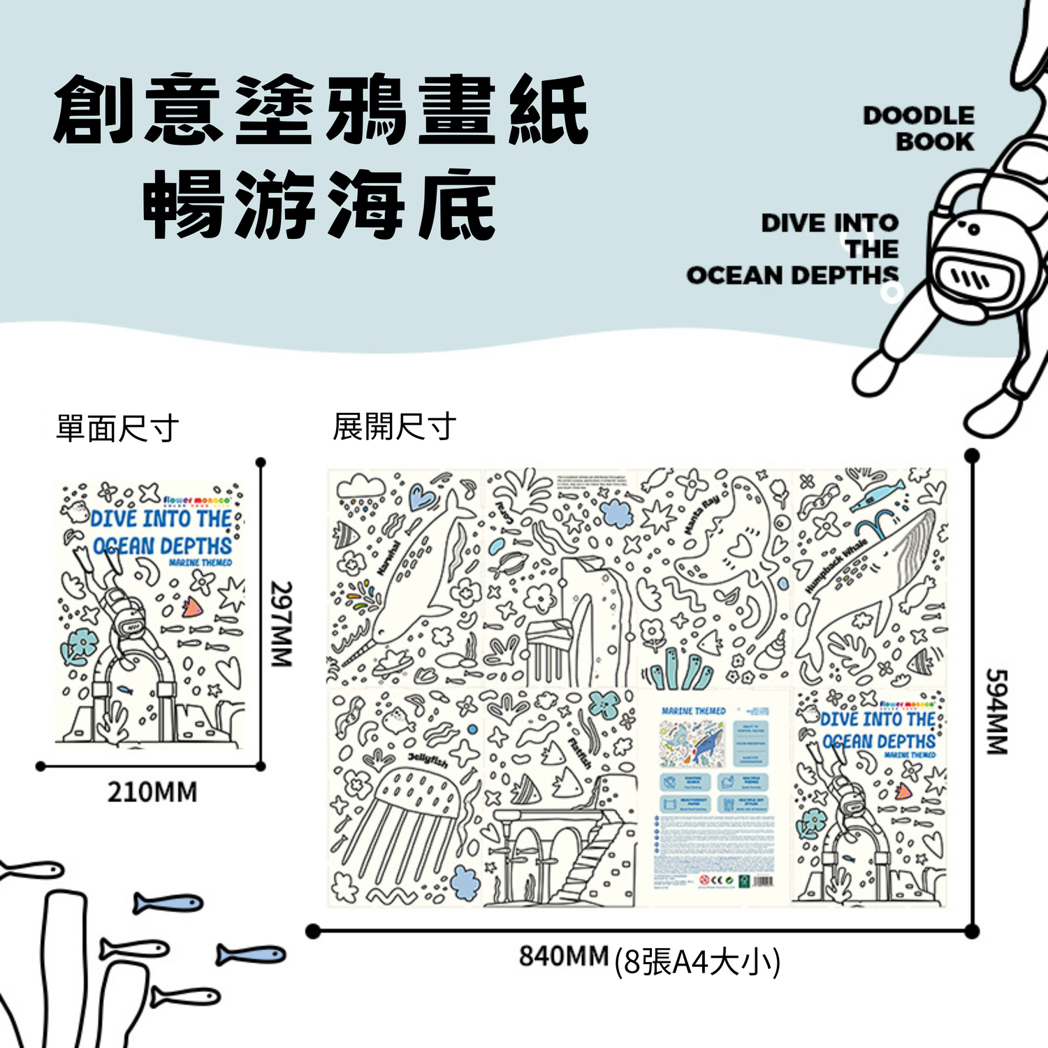 Flower Monaco Doodle Book 創意塗鴉畫紙 (840x594mm) - 暢游海底